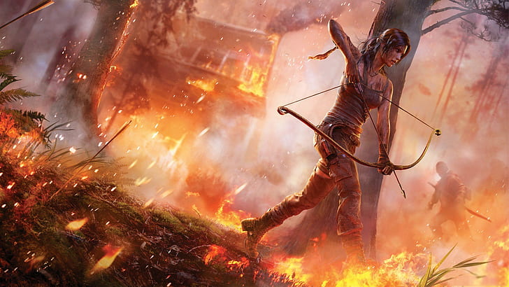 Tomb Raider Bow Arrow Fire Lara Croft HD, video games, fire, bow, tomb, raider, arrow, lara, croft, HD wallpaper