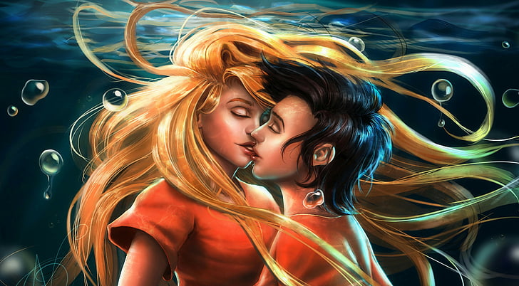 ilustracja całującego chłopca i dziewczyny, podwodny pocałunek, para, kochankowie, najlepszy pocałunek, pocałunek w usta, 4K, Tapety HD