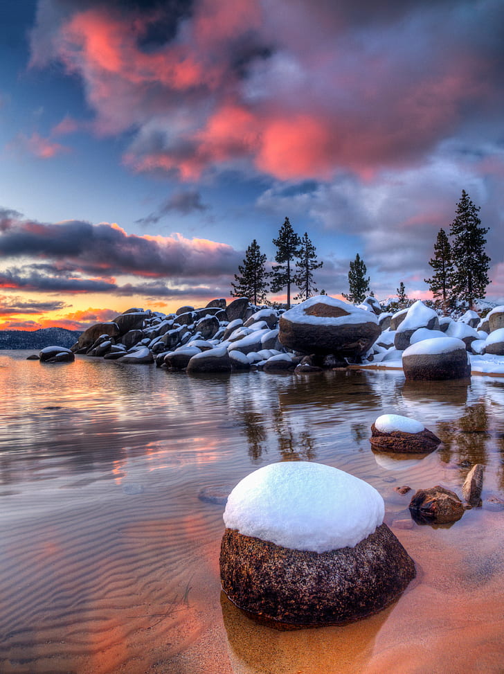 snow on stone photography, lake tahoe, lake tahoe, First, Snowy, Lake Tahoe, Sunset, snow, stone, photography, Sand, Harbor, winter, Sierra Nevada, pristine, peaceful, nature, landscape, rock - Object, scenics, sky, water, outdoors, forest, tree, beauty In Nature, HD wallpaper