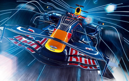 niebieski ilustracja samochodu Red Bull F1, rajd, red bull, samochód, wyścig, Tapety HD HD wallpaper