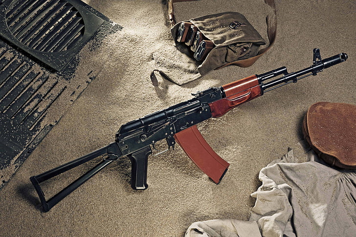 AK-47 hitam dan coklat, pasir, mesin, Kalashnikov, The AKS-74, Wallpaper HD