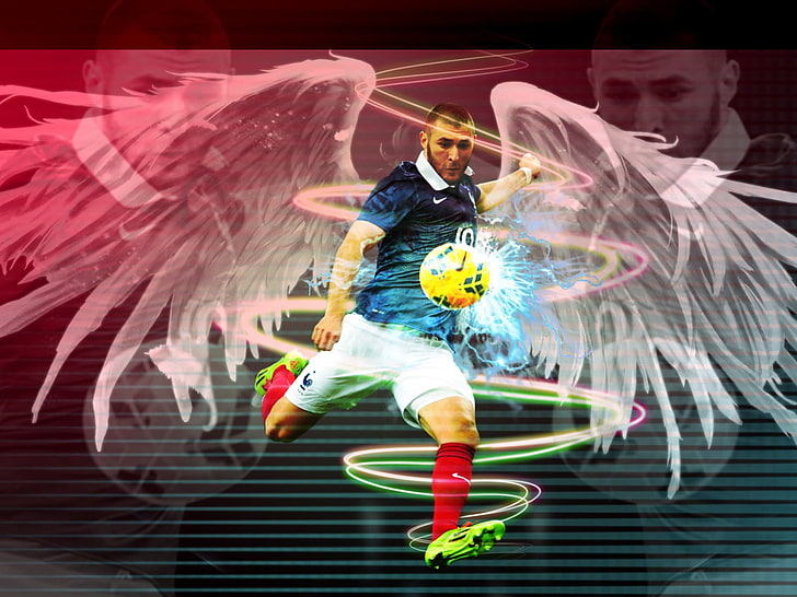 blå blå fotbollströja för män, Karim Benzema, fotboll, fotbollsspelare, Frankrike, HD tapet