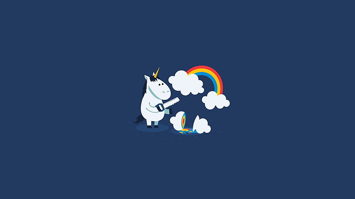 white unicorn and rainbow illustration, unicorn holding handsaw illustration, humor, rainbows, unicorns, clouds, minimalism, simple, blue, blue background, HD wallpaper