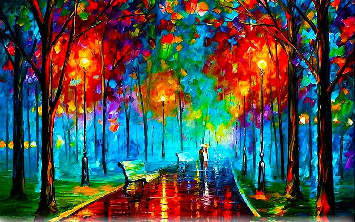 banco, colorido, outono, Leonid Afremov, pintura, parque, caminho, HD papel de parede