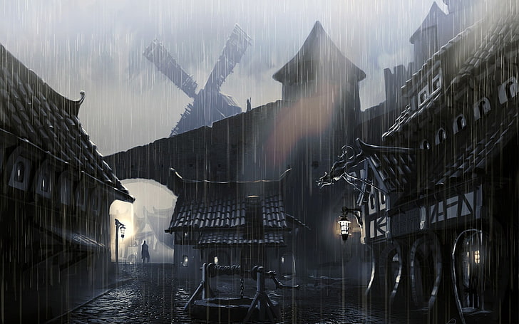 schwarze Tavernenmalerei, Regen, Dorf, Gebäude, Fantasiekunst, Fantasiestadt, HD-Hintergrundbild