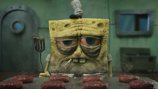 Yan Blanco, SpongeBob, Zigaretten, Fast Food, Hamburger, Herd, digitale Kunst, HD-Hintergrundbild HD wallpaper