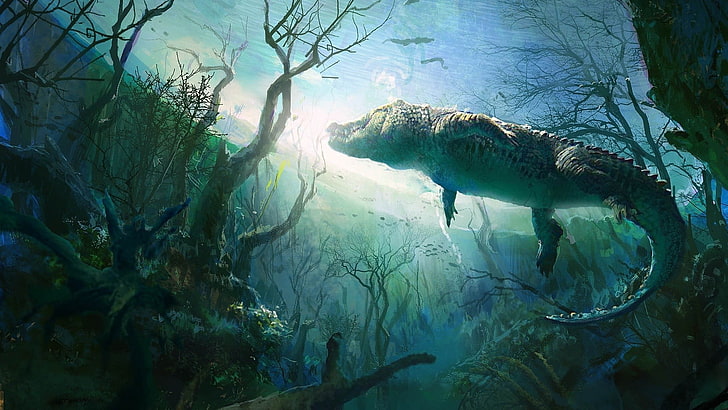 crocodile gris sous l'eau, animaux, art numérique, sous-marin, crocodiles, plantes, branche, peinture, OVNI, Fond d'écran HD