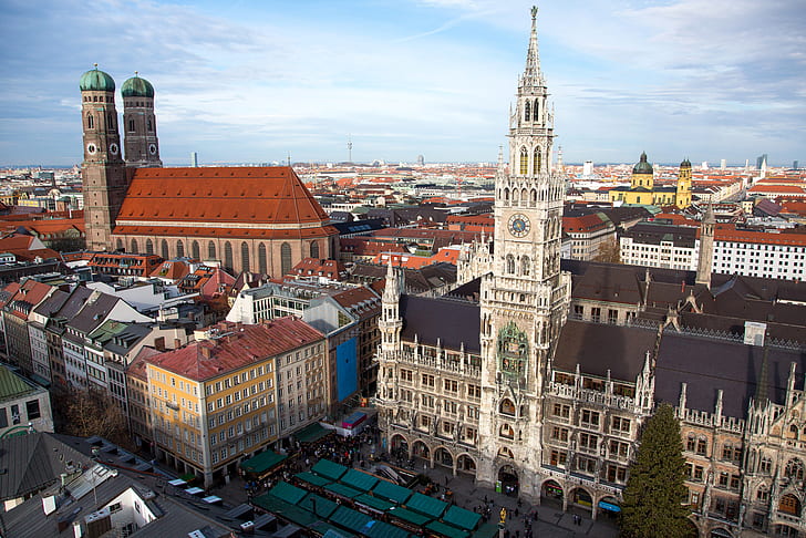 the sky, tower, home, Germany, Munich, area, Church, panorama, Marienplatz, new town hall, HD wallpaper
