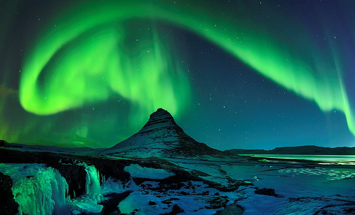 Aurorae, Mountain, Polar, Snow, Green, aurorae, mountain, polar, snow, green, HD wallpaper