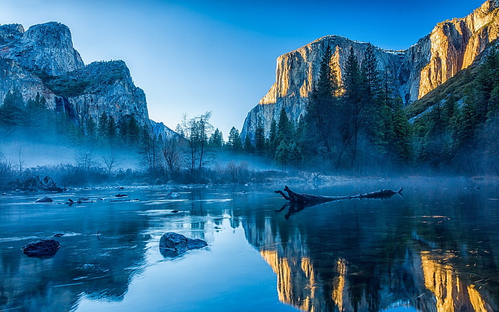 Apple Inc., Kalifornien, landskap, dimma, natur, OS X, reflektion, flod, träd, USA, vatten, Yosemite National Park, Yosemite Valley, HD tapet