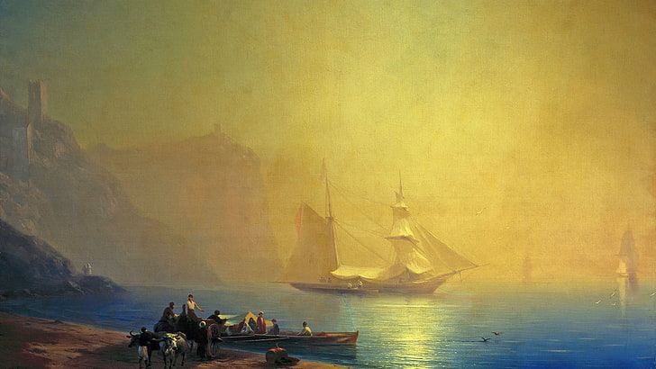 resmi, resim, klasik sanat, su, deniz, yelkenli gemi, Ivan Konstantinovich Aivazovsky, Ivan Aivazovsky, insanlar, tekne, uçurum, güneş ışığı, HD masaüstü duvar kağıdı