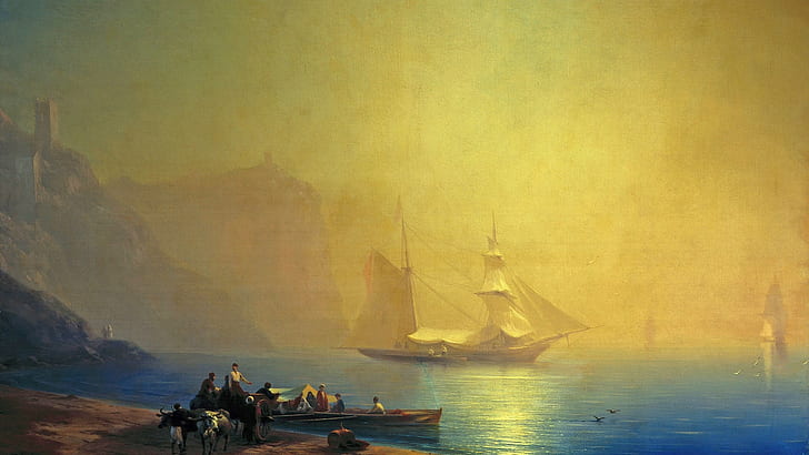 boat, Ivan Konstantinovich Aivazovsky, cliff, artwork, sailing ship, sea, classical art, sunlight, water, people, Ivan Aivazovsky, painting, HD wallpaper