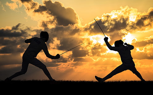 Fencing, two person fencing silhouette, Sports, Other, sunset, sword, fencing, HD wallpaper HD wallpaper