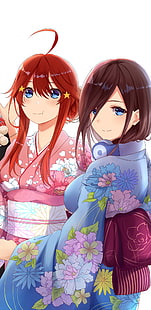 anime, 5-toubun keine Hanayome, Anime-Mädchen, Nakano Miku, Nakano Itsuki, Kopfhörer, japanische Kimono, Kimono, HD-Hintergrundbild HD wallpaper