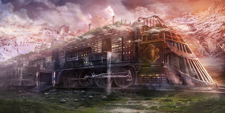 steam train digital wallpaper, train, fantasy art, steampunk, vehicle, HD wallpaper