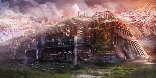 papier peint numérique de train à vapeur, train, art fantastique, steampunk, véhicule, Fond d'écran HD HD wallpaper