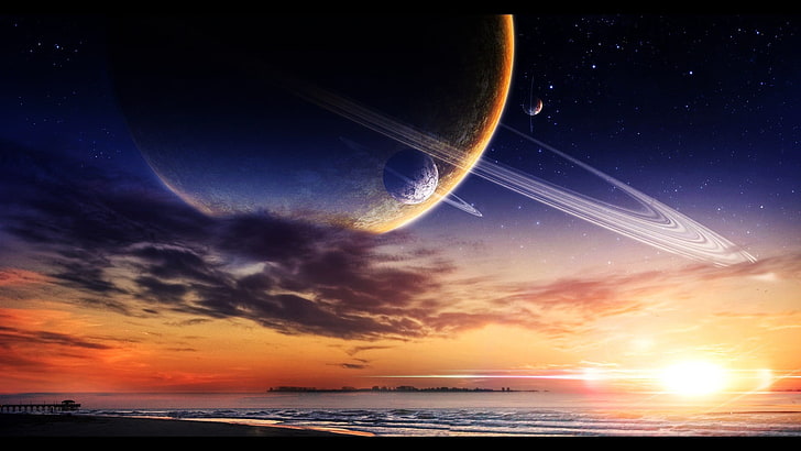 illustration des planètes, étoiles, espace, galaxie, nuages, Saturne, lune, satellite, coucher de soleil, eau, mer, vagues, Fond d'écran HD