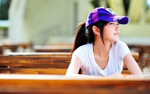 Азиатка, девушка, шляпа, футболка, молодая, азиатка, девушка, шляпа, футболка, молодая, HD обои HD wallpaper
