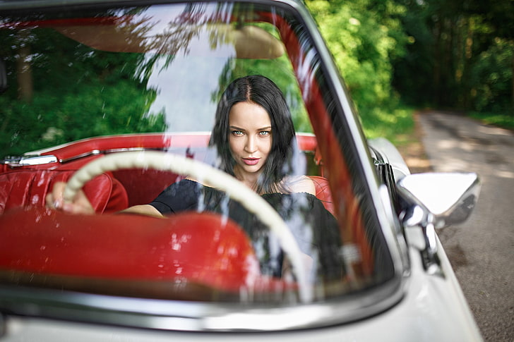 Angelina Petrova, women, model, car, sitting, face, women with cars, Denis Petrov, HD wallpaper