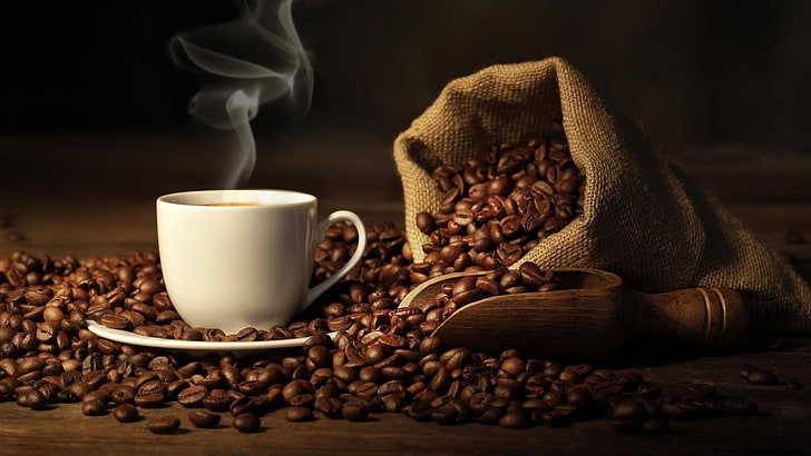 café em grão, xícara, fotografia de natureza morta, xícara de café, cafeína, quente, natureza morta, café, bebida, café expresso, grãos de café, feijão, HD papel de parede