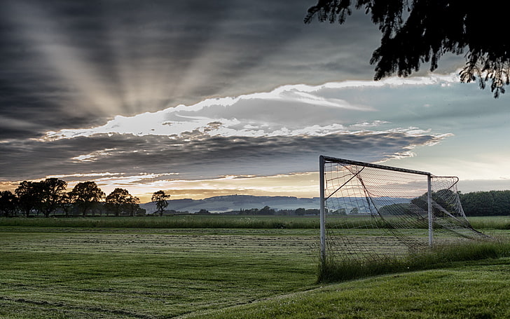 soccer goal with white steel frame, field, sport, morning, gate, HD wallpaper