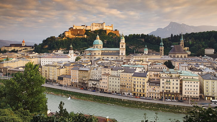 มนุษย์สร้างขึ้น, เมือง, ออสเตรีย, ปราสาท, เมือง, Franziskanerkirche, ปราสาท Hohensalzburg, Salzburg, วอลล์เปเปอร์ HD