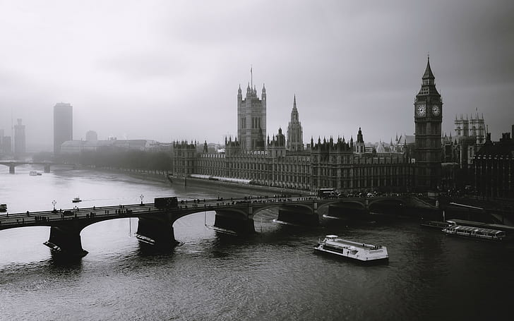 London, Mist, River, Bridge, Big ben, Black white, HD wallpaper