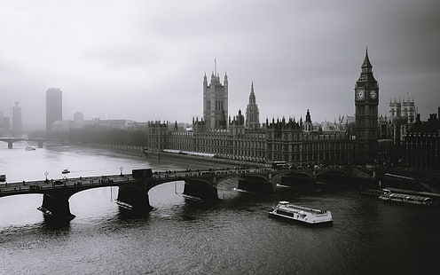 London, Kabut, Sungai, Jembatan, Big ben, Hitam putih, Wallpaper HD HD wallpaper