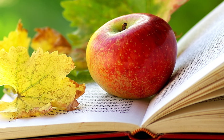 red apple fruit and hardbound book, apple, book, pages, leaves, autumn, HD wallpaper
