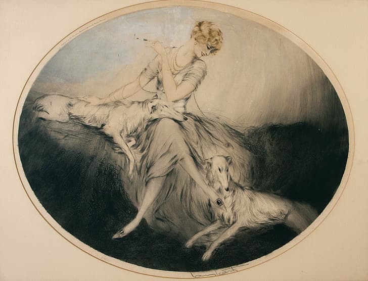 elegant, 1923, Friends, Louis Icart, art Deco, etching and aquatint, woman with dogs, HD wallpaper