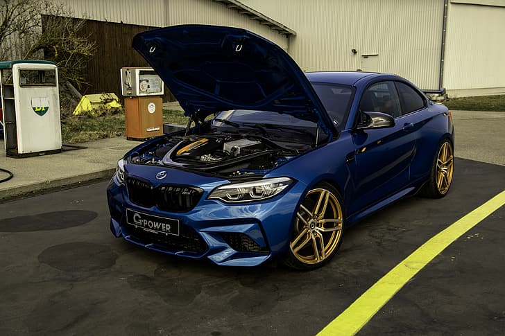 blue, BMW, G-Power, under the hood, F87, M2, 2019, M2 Competition, G2M Bi-Turbo, HD wallpaper