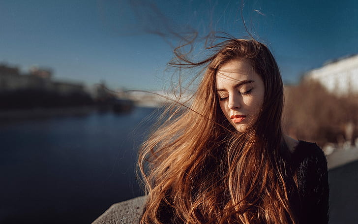 Момиче с дълга коса, портрет, слънчева светлина, вятър, дълга, коса, момиче, портрет, слънчева светлина, вятър, HD тапет