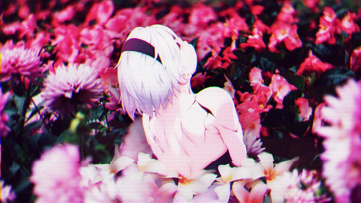 글리치 아트, 꽃, Nier : Automata, 2B (Nier : Automata), 흰 머리카락, 비디오 게임, 2B, NieR, 짧은 머리, HD 배경 화면