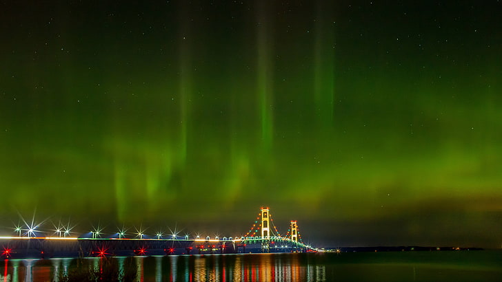 mackinac bridge, aurora borealis, polar lights, night, sky, water, northern lights, bridge, mackinaw city, mackinaw, united states, HD wallpaper