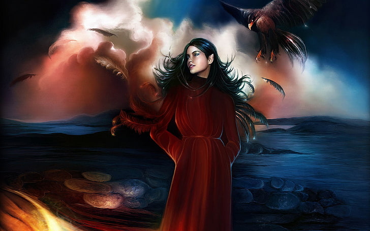 орел близо до жена, облечена в червена рокля с дълги ръкави, цифров тапет, фентъзи, елф, черна коса, перо, момиче, заострени уши, гарван, жена, HD тапет