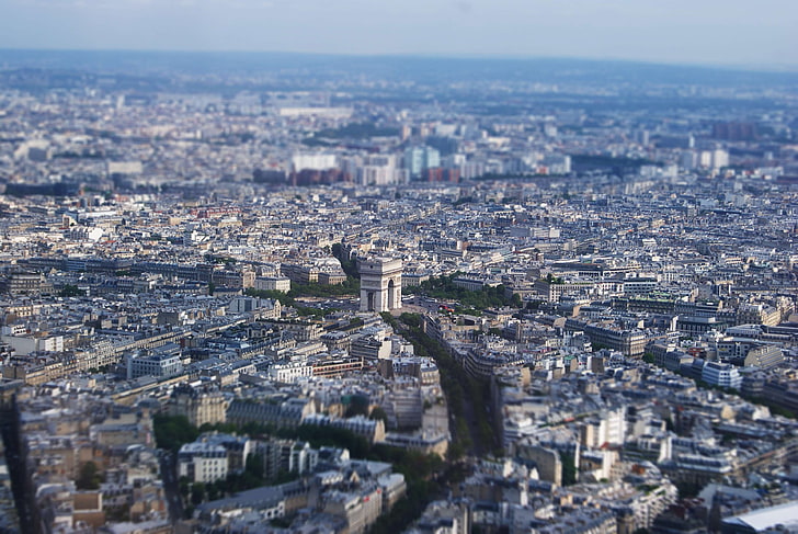 город, эйфелева башня, франция, обзор, париж, тилт шифт, триумфальная арка, HD обои