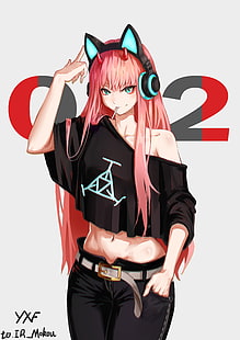 ilustração de personagem de anime feminino de cabelos rosa longo, fundo branco, fundo simples, Zero Two (querida no FranXX), orelhas de animais, querida no FranXX, fones de ouvido, chifres, cabelos longos, HD papel de parede HD wallpaper