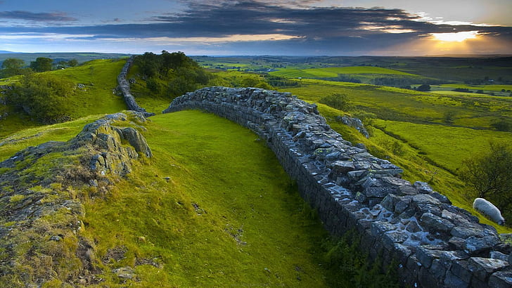Hadrians Wall In Northern Britain, stones, sheep, fields, wall, clouds, sunset, nature and landscapes, HD wallpaper