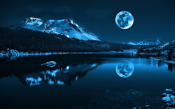 foto pemandangan sungai dan hutan saat bulan purnama, Bulan, danau, langit, malam, Wallpaper HD