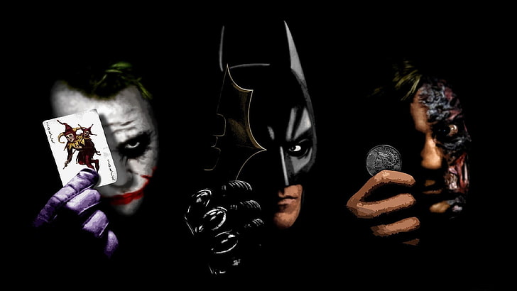DCジョーカー、バットマン、および2つの顔のデジタル壁紙、映画、バットマン、ダークナイト、ジョーカー、ツーフェイス、 HDデスクトップの壁紙