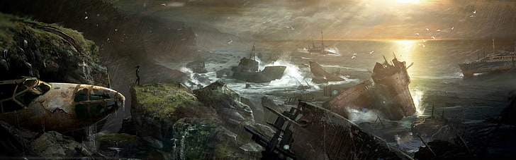 shipwrecks near island digital wallpaper, Tomb Raider, shipwreck, sea, rain, cliff, video games, HD wallpaper