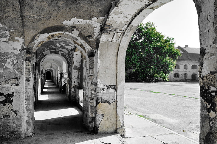 white concrete building, architecture, old building, ruin, abandoned, Slovakia, history, arch, trees, sunlight, shadow, monastery, town square, selective coloring, HD wallpaper