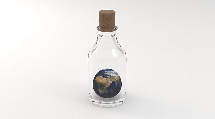 Earth in a Bottle, Artistic, 3D, Planet, Earth, White, Inside, Small, World, Globe, Asia, Africa, Technology, Glass, Europe, Miniature, Bottle, Science, Danger, Medical, Laboratory, chemistry, experiment, equipment, medicine, Biology, flask, seethrough, cork, HD wallpaper