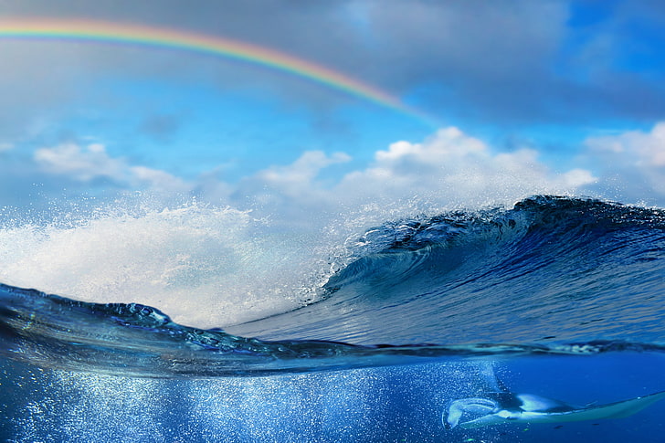spo d'acqua, mare, acqua, sott'acqua, onde, vista divisa, arcobaleni, Sfondo HD