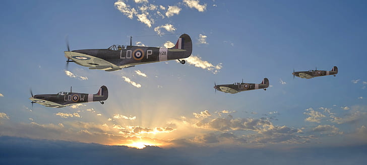 niebo, słońce, chmury, promienie, figura, myśliwce, II wojna światowa, brytyjski i quot; Supermarine Spitfireandquot;, Tapety HD