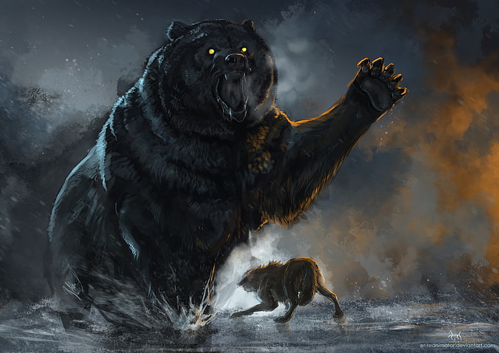 szary niedźwiedź przed ilustracją zwierząt, bitwa, niedźwiedź, wilk, Tapety HD