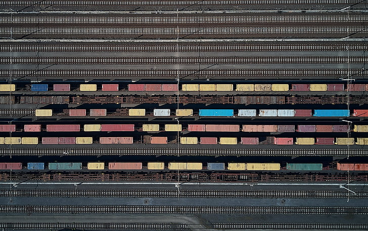 blaue und grüne Leiterplatte, Luftbild, Eisenbahn, Zug, HD-Hintergrundbild