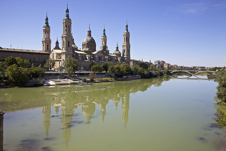 Cathedrals, Cathedral of Our Lady of the Pillar, Cathedral, Ebro River, River, Spain, Zaragoza, HD wallpaper