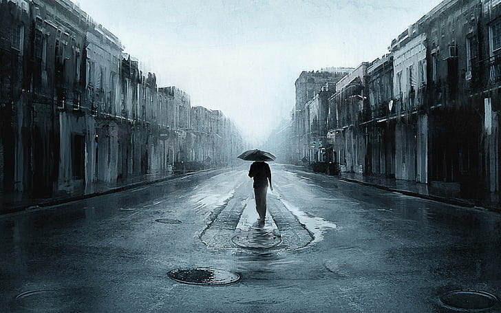 Walking in Rain Painting, suasana hati sedih, gambar hujan, latar belakang, hari hujan, Wallpaper HD