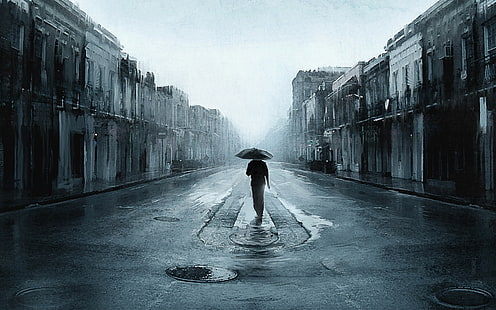 Walking in Rain Painting, sad mood, rain picture, background, rainy day, HD wallpaper HD wallpaper